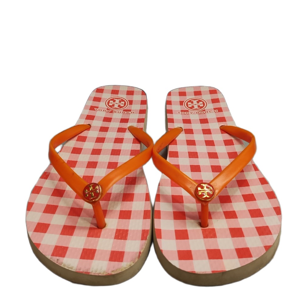 Tory Burch Flip Flop Sandals Womens Size 8.5 Multi Gingham Plaid Comfort Slip On